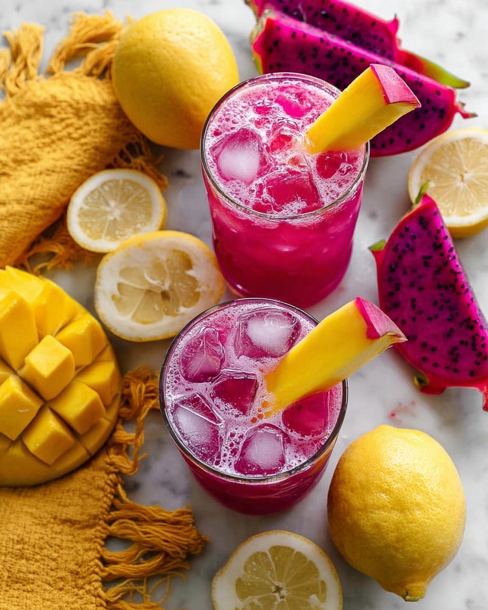 Two tall glasses filled with bright pink-purple liquid with ice cubes inside. Each glass has a yellow mango slice and a pink-red dragon fruit slice on the rim. The liquid looks slightly foamy on top. The glasses are placed on a white marbled surface, surrounded by fresh lemon slices, a whole lemon, yellow textured cloth with fringes, and pieces of dragon fruit and mango. The whole scene is colorful and fresh. photo taken with an iphone --ar 4:5 --v 7