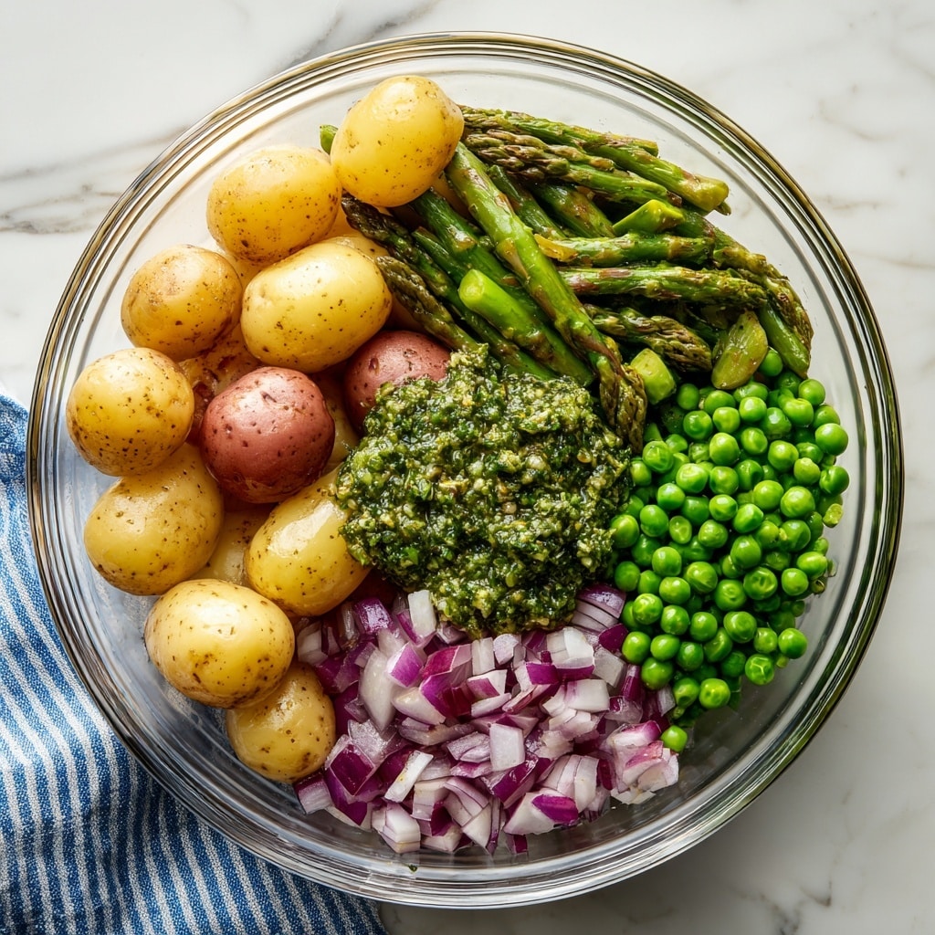 A clear glass bowl holds five main layers of ingredients. On the left are small round potatoes in light brown and yellow colors, with a smooth texture. Next to the potatoes is a pile of green asparagus pieces cut into short sections with a firm texture. Beside the asparagus is a cluster of small chopped red onions with a purple and white color. On the right side of the bowl, bright green peas form a tight group with a smooth surface. In the center, on top of the potatoes, is a thick green herb sauce with visible flecks of herbs, spreading slightly around the potatoes. The bowl sits on a white marbled surface with a blue and white striped cloth next to it. Photo taken with an iphone --ar 4:5 --v 7