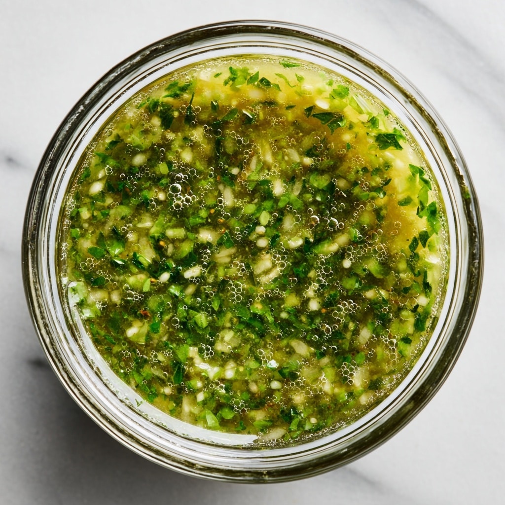 A clear glass bowl viewed from above filled with a green sauce that has a slightly thick texture mixed with small chopped green herbs evenly spread throughout. The surface under the bowl is white with a marble pattern, giving a clean and bright look. The sauce shows tiny air bubbles and a mix of light and dark green bits, indicating finely chopped herbs or spices in a liquid base. Photo taken with an iphone --ar 4:5 --v 7