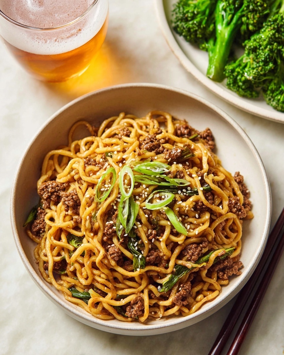 A bowl of cooked noodles mixed with small pieces of browned meat and green vegetables, topped with light green scallion slices and sprinkled with white sesame seeds. The noodles are a golden brown color with a slight shine from the sauce, and the meat bits are dark brown and scattered evenly through the dish. The bowl is white and round, set on a white marbled surface. To the right of the bowl are dark brown chopsticks resting on the surface, and behind the bowl is a clear glass of light amber beer with a foamy top. In the background, a white plate holds bright green cooked broccoli, partially blurred. photo taken with an iphone --ar 4:5 --v 7