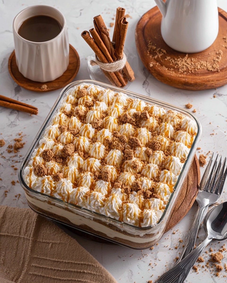 The image shows a clear glass square dish filled with a dessert that has a thick bottom layer hidden under a top layer of creamy white whipped texture, decorated with evenly spaced piped swirls across the entire surface. Scattered over the whipped layer are small chunks of brown crumbly topping and thin drizzles of caramel sauce. Around the dish, there are cinnamon sticks tied with string, a beige cloth, metal forks, and a white jug on a wooden coaster, all set on a white marbled textured surface. photo taken with an iphone --ar 4:5 --v 7