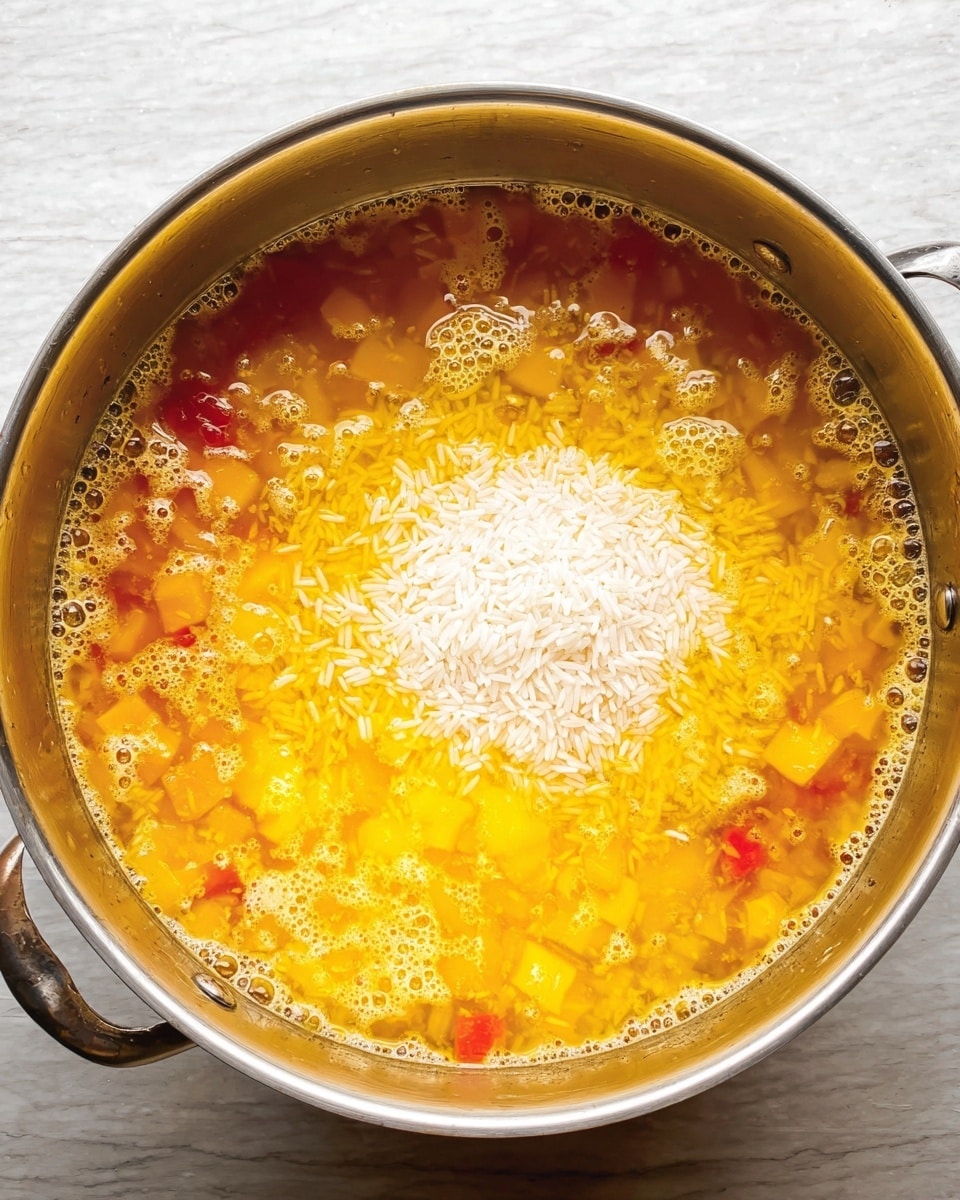 A shiny metal pot is filled with a bright yellow and orange liquid with small orange and red diced vegetables mixed in. In the center, there is a pile of uncooked white rice sitting on the liquid, creating a visible contrast with the colorful broth. The broth has a slightly oily surface with bubbles and foam, showing a rich and warm texture. The pot's edge and handles are visible, and the pot sits on a smooth white marbled surface. photo taken with an iphone --ar 4:5 --v 7