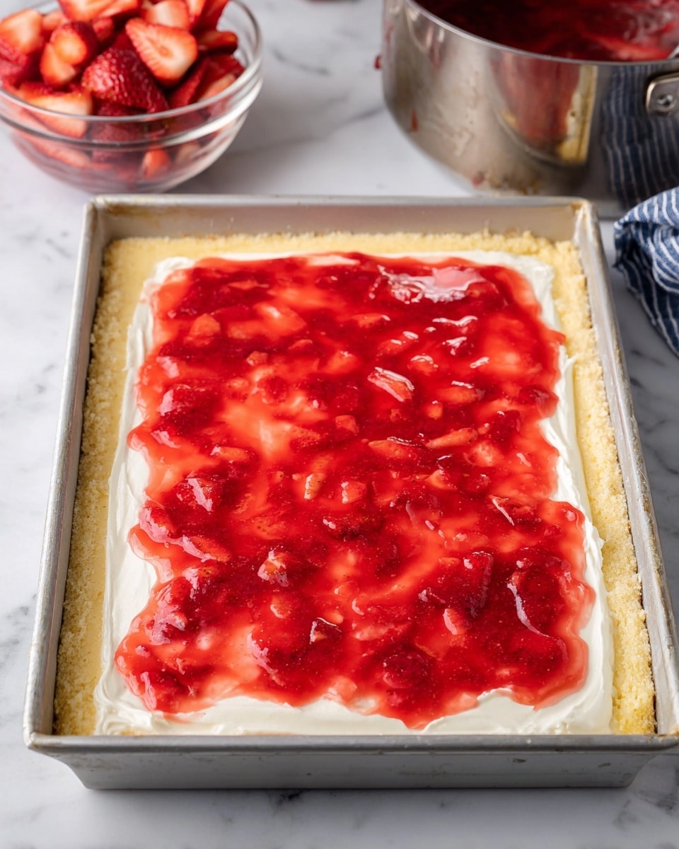 A rectangular dessert bar sits in a metal baking pan on a white marbled surface. The bottom layer is a light golden crust with a slightly crumbly texture, forming a thick base. On top of this is a smooth, creamy white layer spread evenly across the crust. The top layer is a shiny, bright red strawberry glaze with whole and crushed fruit pieces giving it a slightly chunky texture, spread broadly but unevenly, allowing parts of the white layer to peek through around the edges. In the background, there is a glass bowl of sliced strawberries and a metal pot with more of the red glaze. Photo taken with an iphone --ar 4:5 --v 7