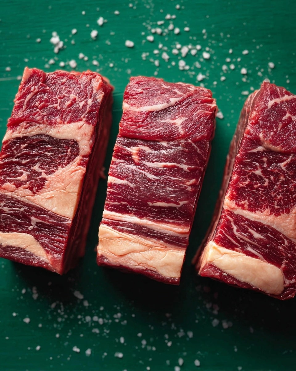 The image shows three thick rectangular pieces of raw beef with rich marbling, arranged side by side on a green surface with small white salt crystals scattered around. The beef has layers of deep red meat and white fat running through it, giving a textured appearance. The surface underneath appears matte with slight light reflections visible. photo taken with an iphone --ar 4:5 --v 7