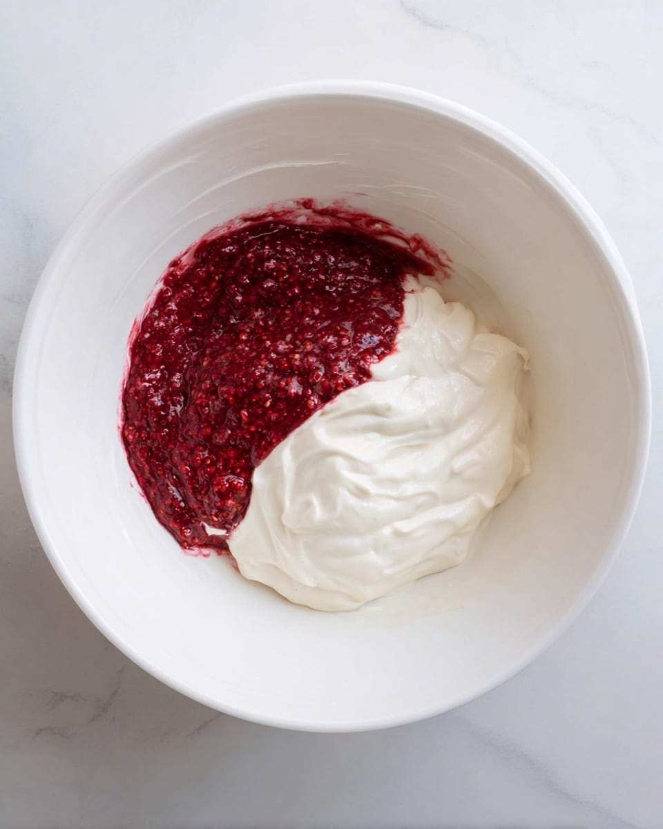 In a large white bowl, there are two layers placed side by side: on the left, a thick red berry mixture with visible small seeds and a slightly chunky texture, and on the right, a smooth, creamy white layer that looks soft and fluffy. The bowl sits on a white marbled surface, and the image is taken from above showing the clear contrast between the bright red berry mix and the soft white cream photo taken with an iphone --ar 4:5 --v 7