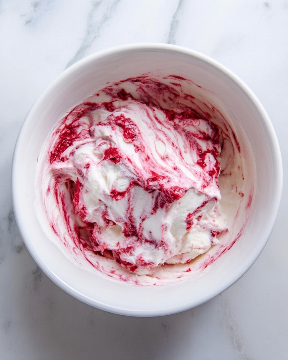 A white bowl contains a mix of fluffy white cream swirled with bright red raspberry sauce, creating a marbled look with uneven patches of red streaks blending into the white cream. The texture appears creamy and thick, with visible small bits of raspberry, and some sauce spread against the inside of the bowl. The bowl is set on a white marbled surface. photo taken with an iphone --ar 4:5 --v 7