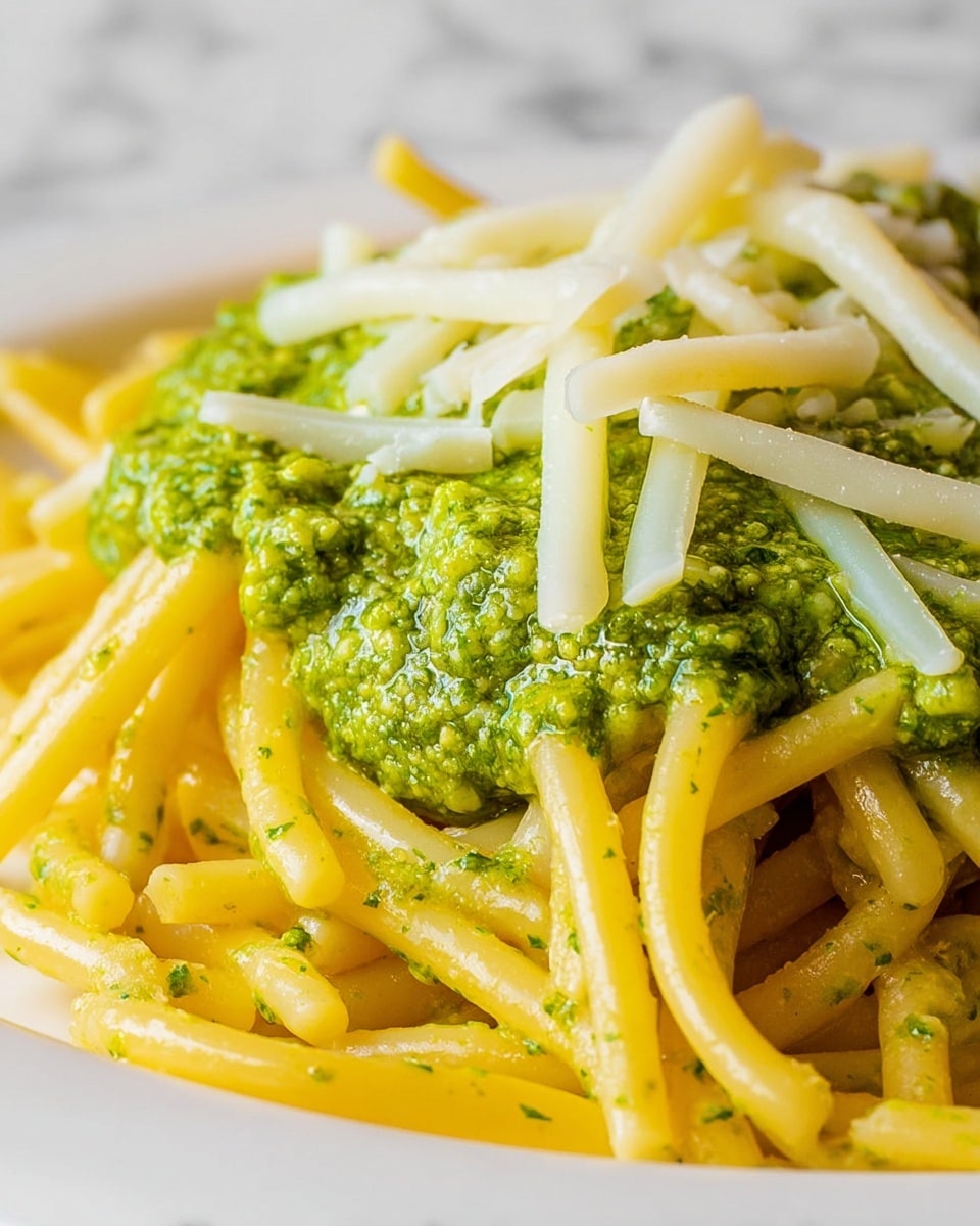 The image shows a close-up view of cooked yellow pasta noodles covered with a layer of bright green pesto sauce, topped with thin white shreds of cheese. The sauce has a slightly textured, creamy look, spread unevenly over the smooth, slightly shiny noodles. The dish sits on a white plate, placed on a background with a white marbled texture. photo taken with an iphone --ar 4:5 --v 7