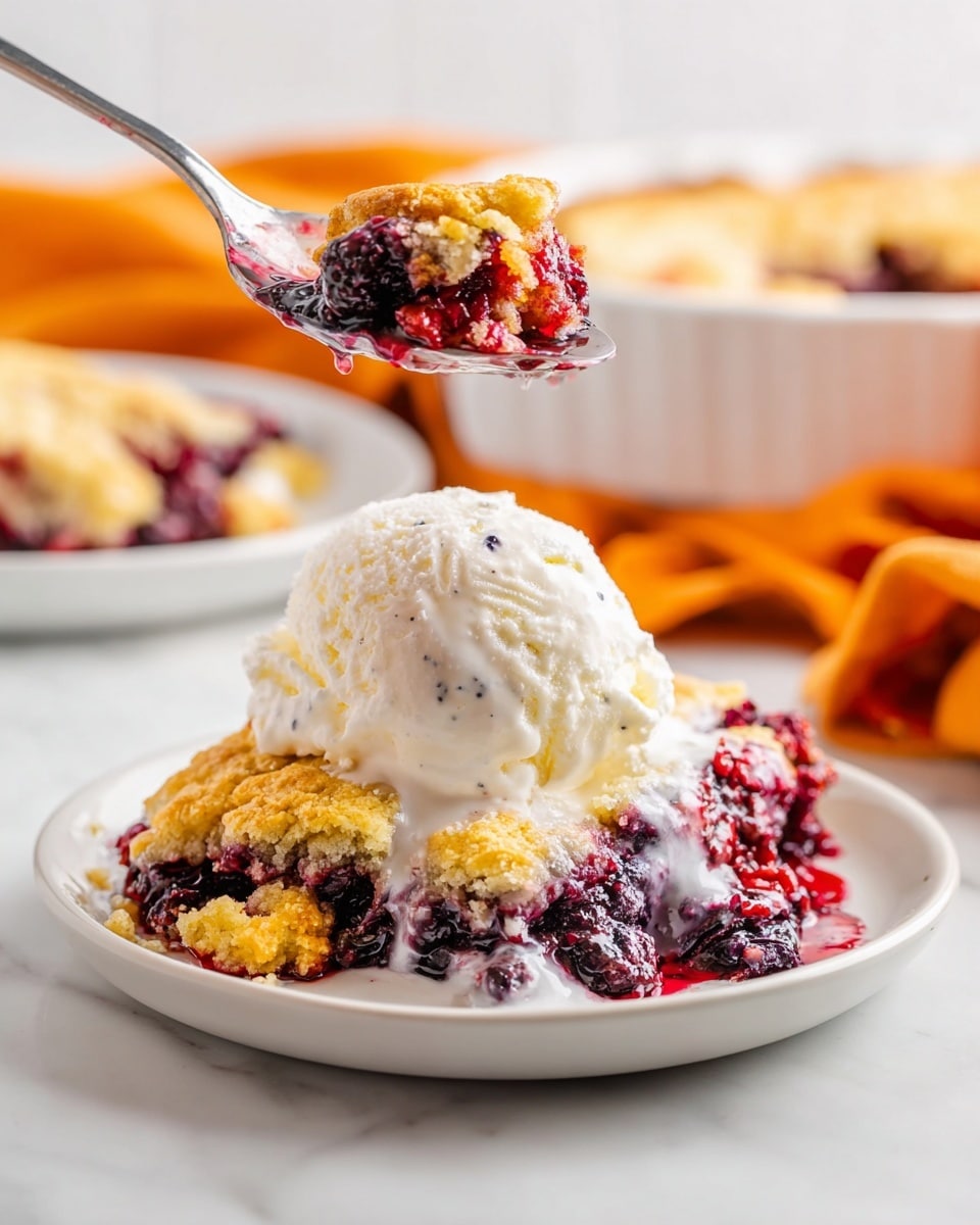 A white plate holds a mixed berry cobbler with three visible layers: the bottom layer is dark purple and red, showing cooked berries with a glossy texture; the middle layer is golden-yellow with a crumbly, baked crust; the top layer is a soft scoop of melting vanilla ice cream, white with small black vanilla specks, dripping down onto the warm cobbler. In the background, a white dish with more cobbler and an orange cloth are softly blurred. A silver spoon lifts a bite of the cobbler covered with melting ice cream, all set on a white marbled surface. Photo taken with an iphone --ar 4:5 --v 7