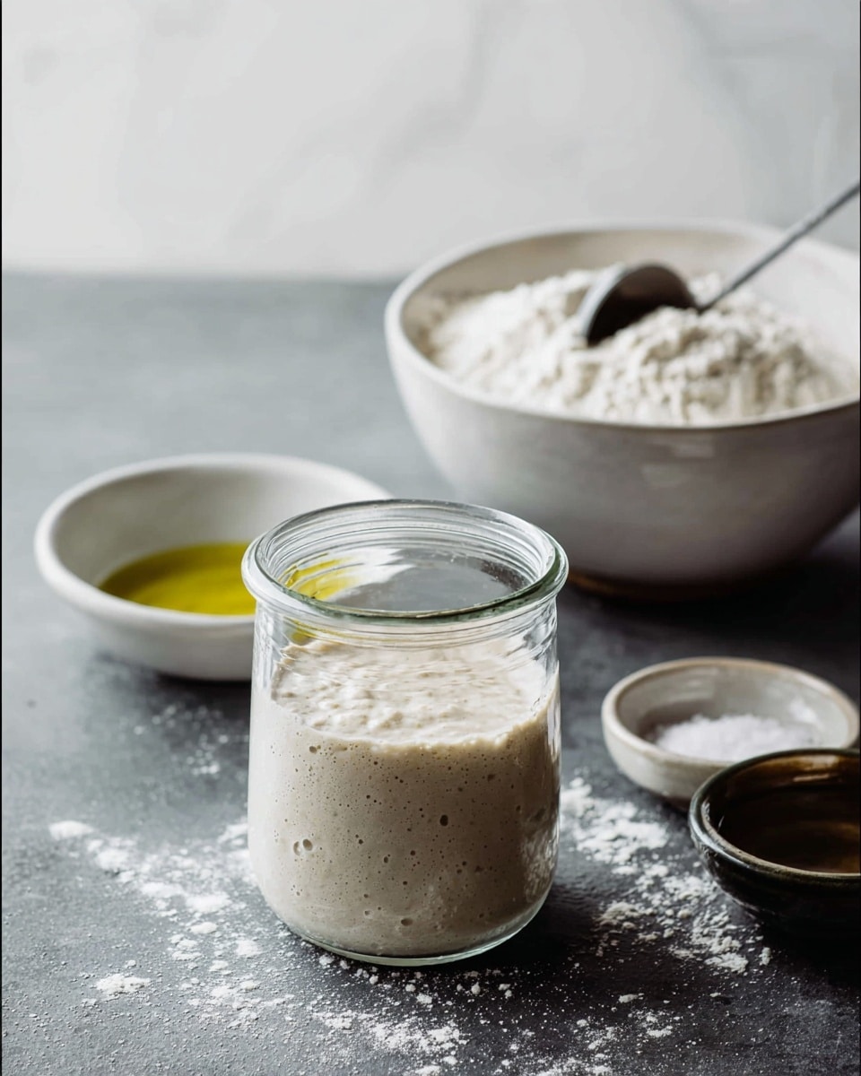 A small clear glass jar filled with bubbly, light beige sourdough starter sits on a dark gray surface with some scattered flour. Behind it, a white bowl holds white flour with a metal measuring cup resting inside the bowl. To the right side, two small white ceramic bowls contain olive oil with green tint and a small amount of salt. The background is plain with a white marbled texture. Photo taken with an iphone --ar 4:5 --v 7