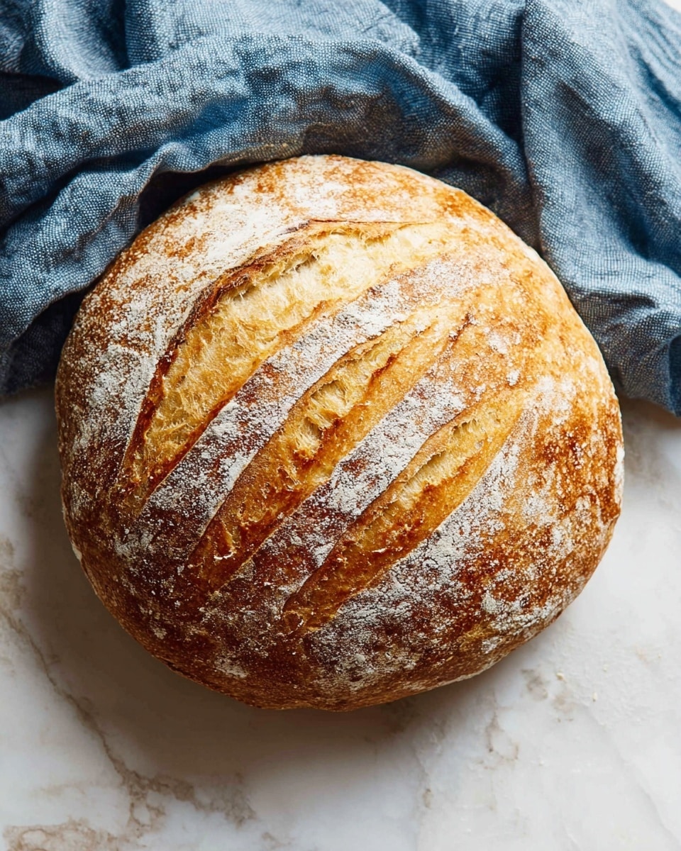A round loaf of bread with a golden brown crust sits on a white marbled surface, featuring an artistic pattern of curved slashes across the top that reveal the light, fluffy texture inside. The crust looks crisp with areas dusted lightly with flour, giving it a rustic appearance. Next to the bread is a soft, crumpled blue cloth adding a simple touch to the scene. photo taken with an iphone --ar 4:5 --v 7