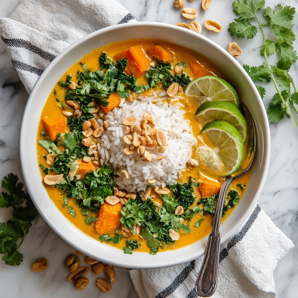 The image shows a black pot filled with a thick orange soup that has chickpeas, small orange cubes, and green leafy vegetables floating on top as the top layer. The soup has a creamy texture with visible bits of vegetables mixed in. A woman's hand holds the pot handle on the left side, while another woman's hand stirs the soup with a wooden spoon on the right side. In the background, there are small white dishes on a white marbled surface, one with chickpeas and another with ginger and garlic, adding context to the ingredients. Photo taken with an iphone --ar 4:5 --v 7