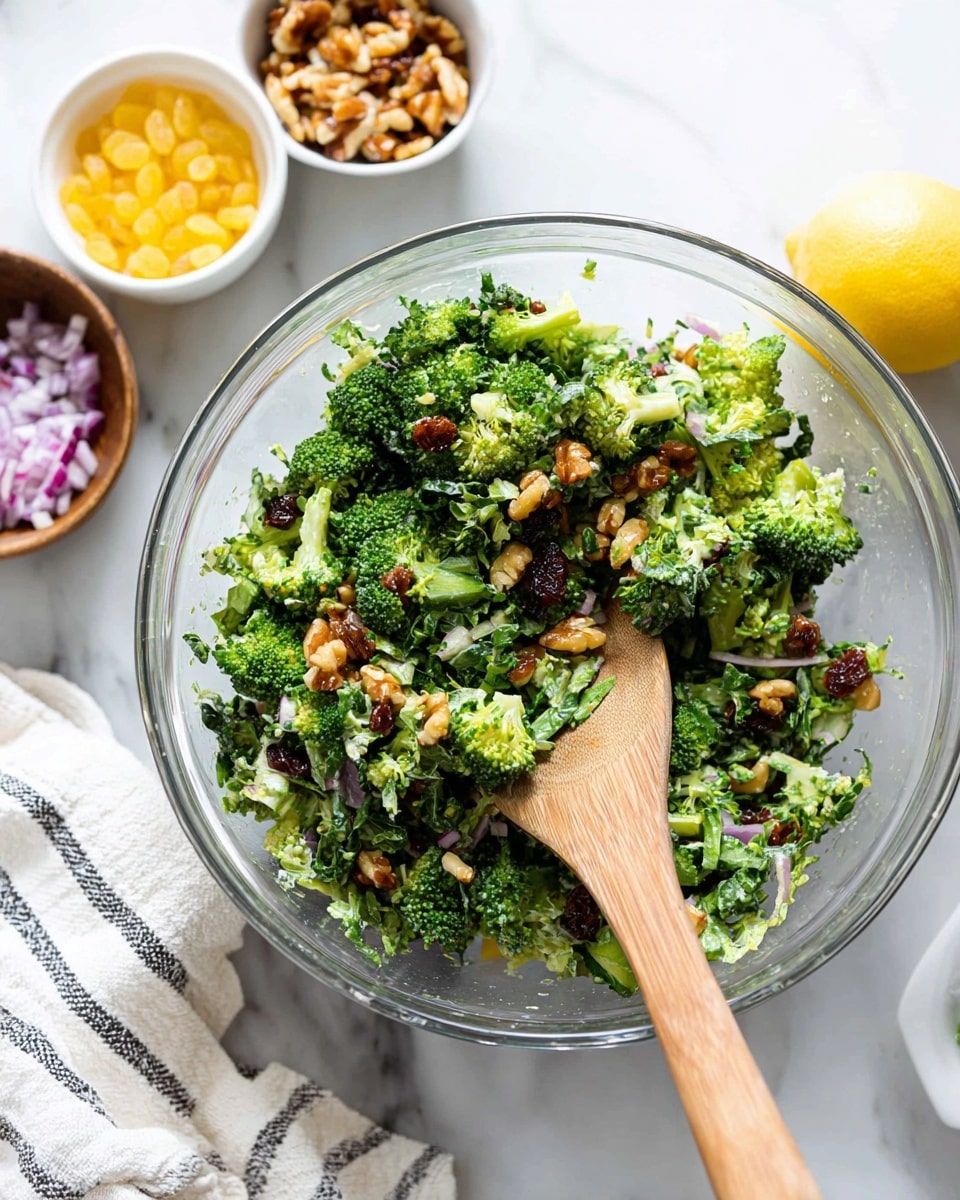 A clear glass bowl holds a fresh broccoli salad with visible layers of small dark green broccoli florets, light green shredded vegetables, golden raisins, and chopped brown nuts mixed evenly. A wooden spoon rests inside the bowl, partially submerged in the salad. Behind the bowl, there are two small white dishes, one with yellow raisins and another with chopped red onions, placed on a white marbled surface. A whole yellow lemon and a white cloth with thin black stripes are positioned to the side. Photo taken with an iphone --ar 4:5 --v 7