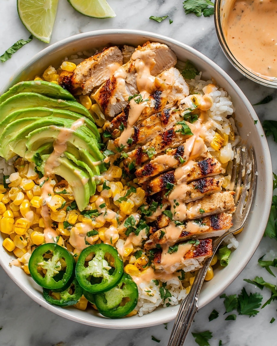 A white bowl filled with layers starting with white rice at the bottom, topped with bright yellow grilled corn pieces scattered around. On top of the corn and rice, there are grilled chicken slices with golden brown grill marks, drizzled with a creamy light orange sauce and sprinkled with chopped green herbs. To the side of the chicken, there is a fan of smooth, bright green avocado slices with a light orange sauce drizzle. Near the bottom edge of the bowl, two lime wedges with sauce on top rest next to sliced rings of dark green jalapeño. A metal fork is partially placed inside the bowl on the left side. The bowl sits on a white marbled surface with some green herbs scattered nearby. Photo taken with an iphone --ar 4:5 --v 7