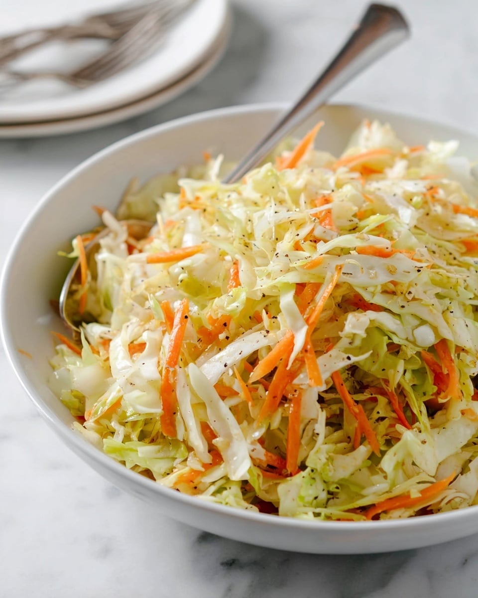 A white bowl filled with a mix of shredded light green cabbage and thin orange carrot strips that look fresh and crisp. Small dots of black pepper are scattered through the vegetables, adding texture and color contrast. The bowl sits on a white marbled surface, and a shiny silver spoon is placed at the edge inside the bowl. In the background, part of a silver fork and knife can be seen resting on a rounded white plate, slightly blurred. The overall image is bright with soft light highlighting the fresh colors of the salad. photo taken with an iphone --ar 4:5 --v 7