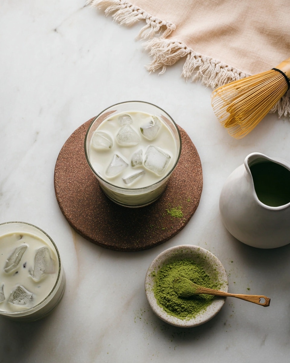 A clear glass filled with a light creamy liquid and ice cubes sits on a round brown textured coaster, placed on a white marbled surface. Below the coaster is a small rough white bowl holding bright green powder with a small wooden spatula resting on it. To the right, a white pitcher contains a thick dark green liquid. A bamboo matcha whisk lies near the top right corner beside a soft beige cloth with frayed edges draped on the top left side. A larger glass with the same creamy iced liquid is partially visible on the bottom left, all arranged neatly with soft natural light. Photo taken with an iphone --ar 4:5 --v 7