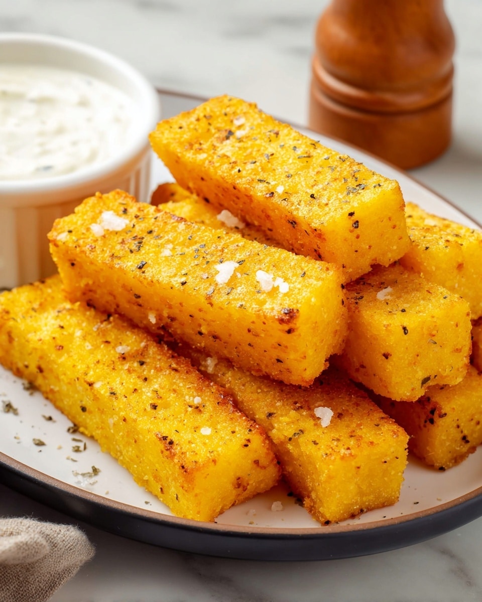 The image shows a white plate filled with several rectangular, golden-yellow fried polenta sticks. Each stick has a crispy, slightly bumpy texture with specks of seasoning and small white crumbs on the surface. The sticks are stacked unevenly, some laying flat and others resting at angles on top of each other. On the left side of the plate, there is a white ramekin partially visible, filled with a creamy white dipping sauce. The plate rests on a white marbled surface, and in the bottom right corner, there is a wooden pepper grinder slightly out of focus. photo taken with an iphone --ar 4:5 --v 7