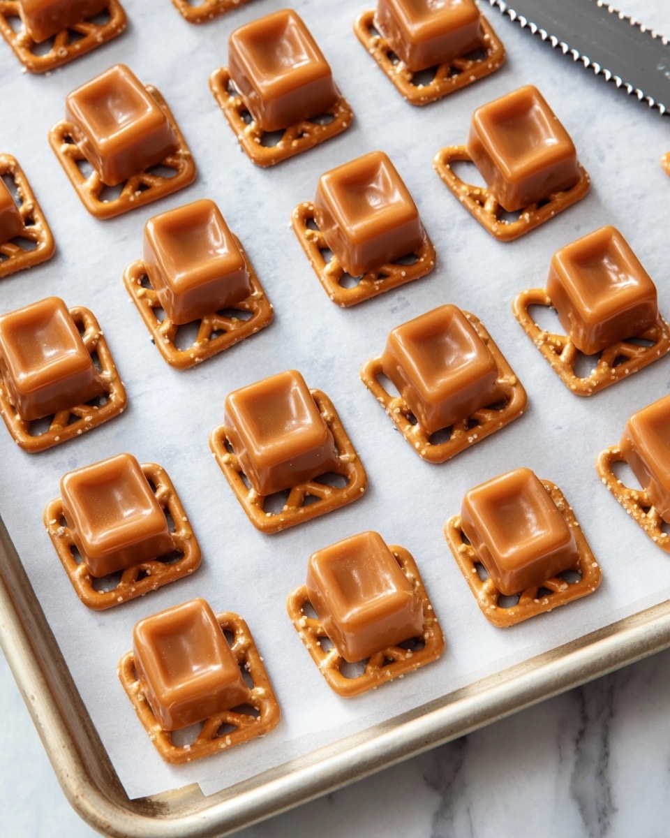 The image shows a baking tray lined with white parchment paper on a white marbled surface. On the tray, there are several small snacks arranged in neat rows. Each snack has two layers: the bottom layer is a flat, square salted pretzel with a light brown color and holes, while the top layer is a thick, rectangular caramel piece with a smooth, slightly ridged texture and a rich amber-brown color. The caramel pieces are placed centrally on each pretzel square, forming a consistent grid pattern. A serrated knife with a metallic blade lies at the top right of the tray. Photo taken with an iphone --ar 4:5 --v 7