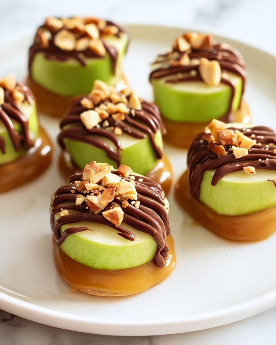 The image shows five small snacks arranged on a white plate placed on a white marbled surface. Each snack has three layers: a bottom layer of smooth, golden caramel that creates a small pool under the other layers, a middle layer of a bright green sliced apple piece standing upright, and a top layer of dark brown chocolate drizzled over the apple in thick curved lines. The snacks are finished with small crushed peanut pieces sprinkled evenly on top, adding texture and light tan color contrast. photo taken with an iphone --ar 4:5 --v 7