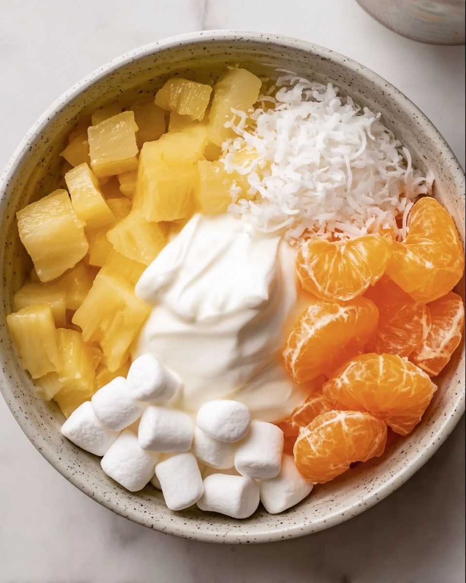 A white speckled bowl on a white marbled surface holds five distinct sections of fruit salad ingredients, arranged side by side. Starting from the top left, there is a small pile of pale yellow chopped pineapple pieces with a soft texture. Next, moving clockwise, a mound of smooth, white creamy yogurt fills the bowl. To the right of the yogurt, bright orange and glossy mandarin segments add vibrant color. Below the mandarins, a cluster of soft, small white marshmallows rests. In the center of the bowl, atop the marshmallows, there is a pile of shredded white coconut with a shredded texture. The arrangement creates a colorful, textured display with each layer touching but clearly separate. Photo taken with an iphone --ar 4:5 --v 7