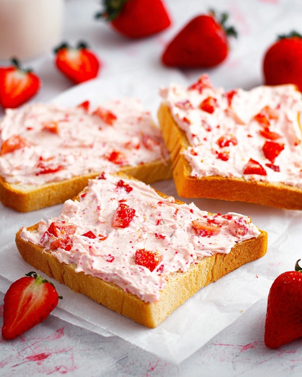 The image shows three slices of light golden brown bread laid on white parchment paper over a surface with a white marbled texture. Each bread slice is thickly spread with a pale pink creamy mixture that contains small, bright red strawberry pieces, giving the spread a textured look with bits of fruit embedded throughout. Around the bread slices, there are fresh red strawberries, some whole and some sliced, placed casually, adding vibrant red colors to the scene. The background is softly blurred, focusing attention on the creamy strawberry-spread bread. photo taken with an iphone --ar 4:5 --v 7