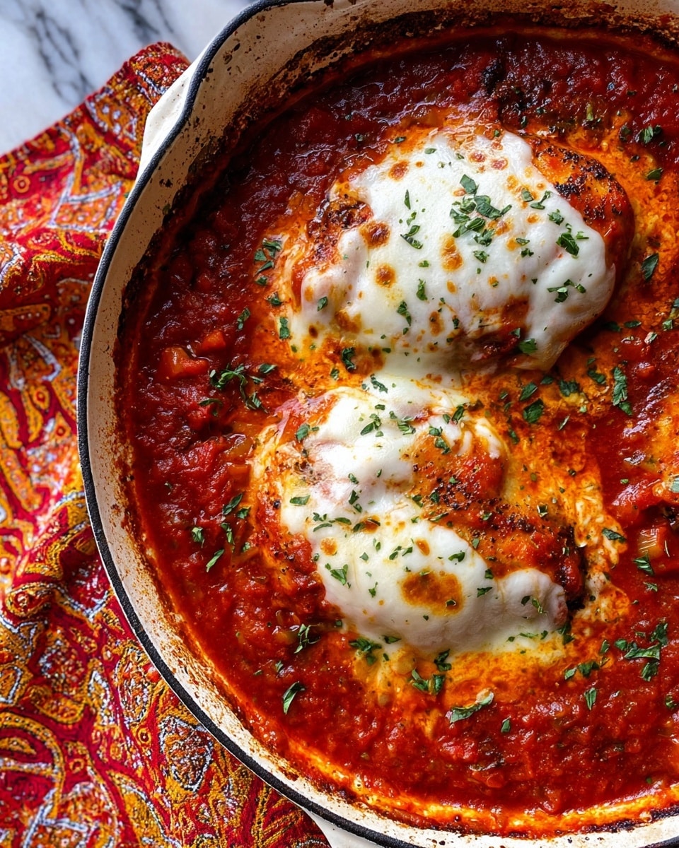 A white round pot filled with two pieces of cooked chicken on top in a red tomato sauce with melted cheese sprinkled with green herbs. The chicken pieces are lightly browned with white, creamy melted cheese on top with some golden edges. The tomato sauce is thick and chunky, surrounding the chicken and bubbling slightly. The pot sits on a white marbled surface with a white cloth decorated with red, orange, green, and gray leaves under its handle. photo taken with an iphone --ar 4:5 --v 7