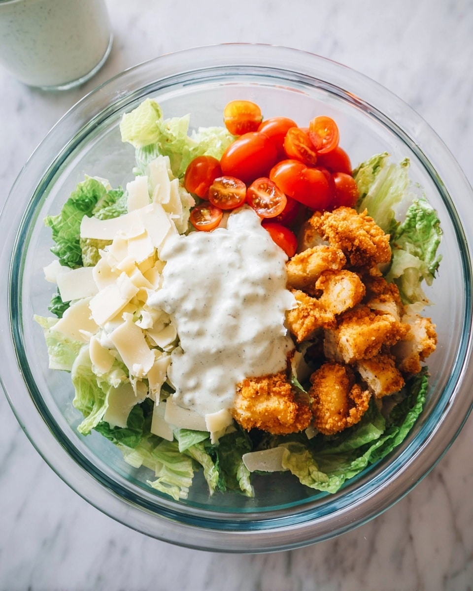 A clear glass bowl sits on a white marbled surface, filled with fresh green leafy lettuce as the base layer. On one side, there are bright red cherry tomatoes cut in halves. Next to the tomatoes, there is a layer of light-colored shaved cheese with thin, irregular textures. A creamy white dressing covers part of the cheese and some pieces of golden-brown crispy fried chicken are placed beside the dressing, adding a crunchy texture to the dish. The overall look is fresh with contrasting colors of green, red, white, and golden brown. Photo taken with an iphone --ar 4:5 --v 7
