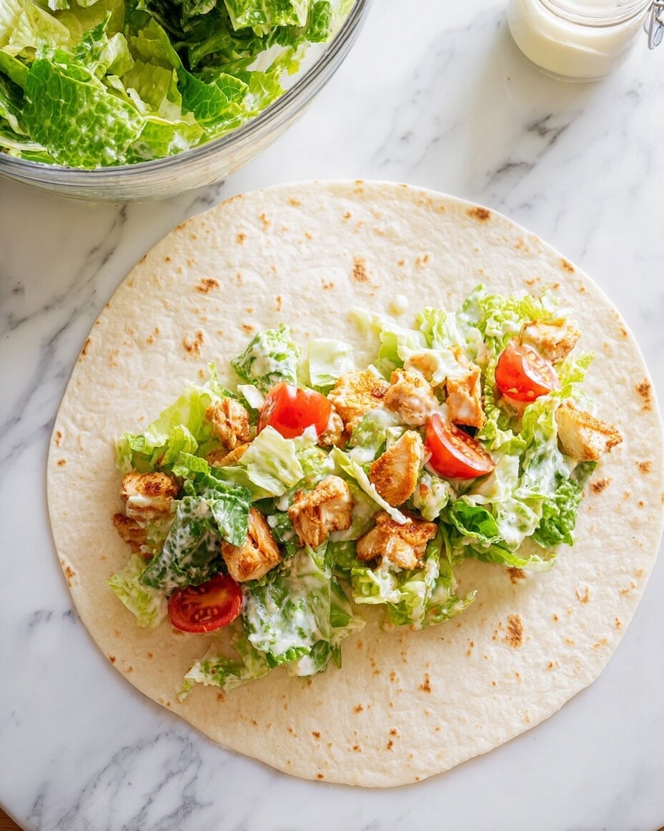 The image shows a round, soft tortilla laid flat on a white marbled surface. In the center of the tortilla, there is a layer of mixed green lettuce leaves with a creamy texture, topped with small pieces of golden-brown crispy chicken and bright red cherry tomato halves. The filling is fresh and colorful, resting lightly in the middle of the tortilla. In the background to the left, a glass bowl with more green lettuce is partially visible, and on the right side, a small white jar possibly containing sauce is seen. Photo taken with an iphone --ar 4:5 --v 7