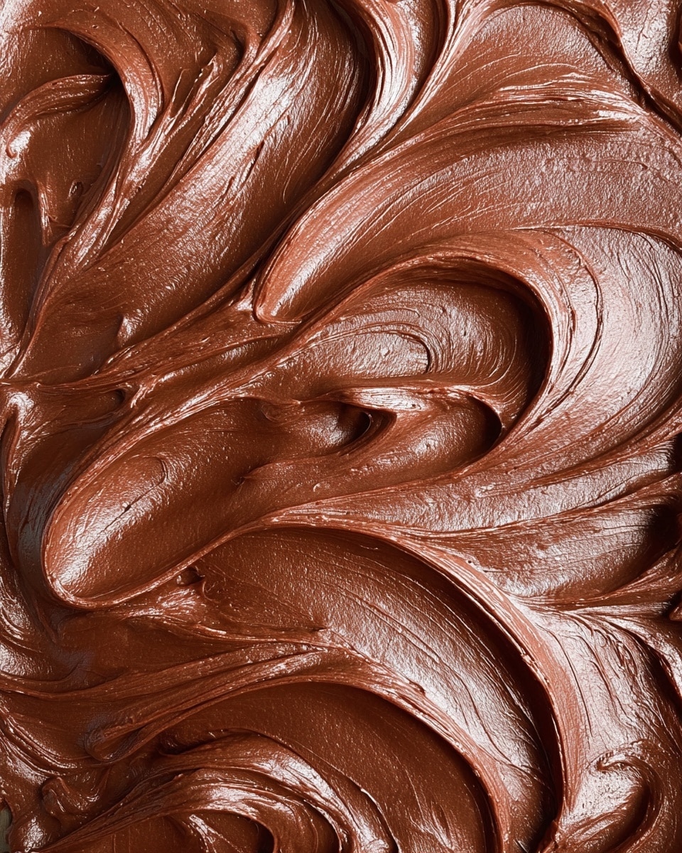 This image shows a close-up of smooth, rich chocolate frosting spread thickly in one layer. The frosting has a shiny, creamy texture with soft, flowing swirls and waves that create gentle peaks and valleys throughout the surface. The color is a deep, warm brown with light reflections highlighting the glossy finish. The background is a white marbled texture. photo taken with an iphone --ar 4:5 --v 7