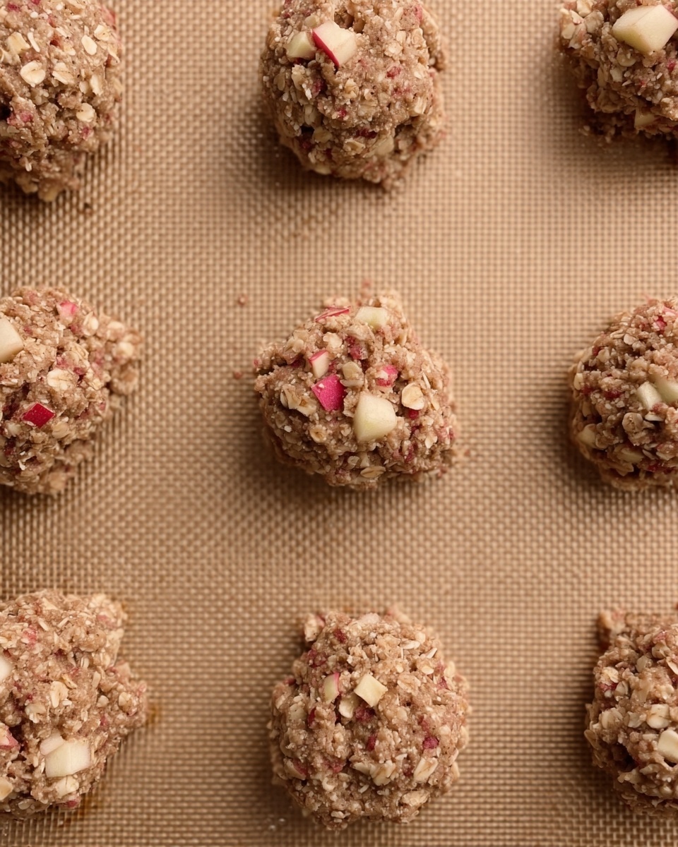 The image shows several round, unbaked cookie dough pieces spaced evenly on a baking mat with a light brown textured surface. Each dough piece is thick and rough, made from a mix that looks like oatmeal with small chunks of apples in red and off-white colors scattered throughout. The cookies have a natural, uneven shape, and the pieces of apple add a fresh, colorful detail within the otherwise brown oat mixture. The scene has a clean and simple look, focused on the dough before baking. photo taken with an iphone --ar 4:5 --v 7