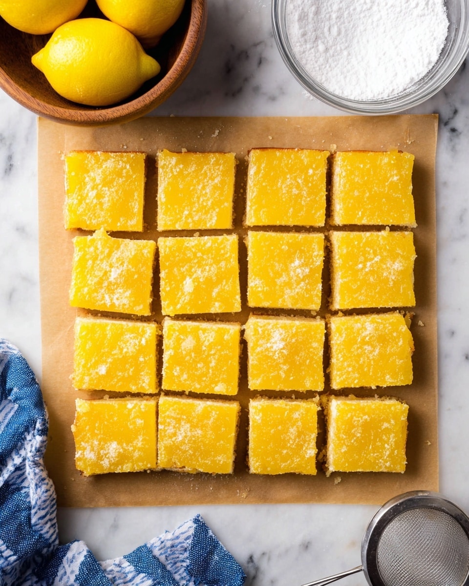 A square sheet of lemon bars is cut into 20 equal square pieces arranged neatly in 4 rows and 5 columns, placed on brown parchment paper. Each bar has a bright yellow top layer with a slightly uneven texture, showing some smooth and some rough patches, sitting on a lighter, crumbly base layer. The parchment paper sits on a white marbled surface. In the top left corner, there is a wooden bowl with whole lemons, and in the top right corner, a clear glass bowl filled with powdered sugar is partially visible. A metal sieve and a blue and white striped cloth are at the bottom edges of the frame. Photo taken with an iphone --ar 4:5 --v 7