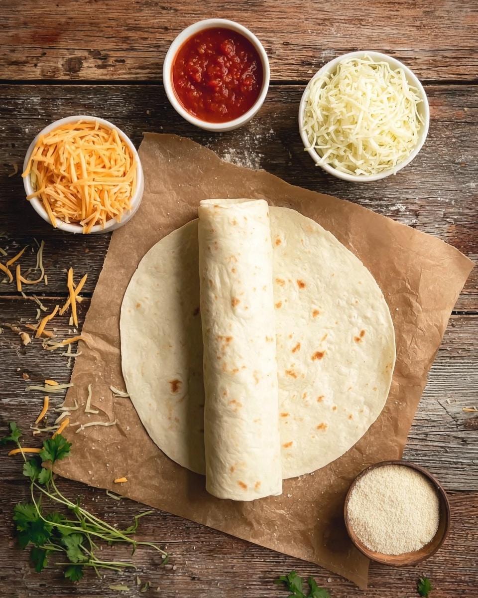 A rolled tortilla wrap is placed on a piece of brown parchment paper over a wooden surface. Surrounding it, there are four small white bowls containing different ingredients: bright red salsa at the top left, white shredded cheese at the top right, orange shredded cheese at the bottom left, and light beige seasoning powder at the bottom right. Fresh green herbs are scattered on the wooden surface near the bottom left bowl. The setting is simple and rustic, with scattered cheese strands and herb leaves adding a natural touch. photo taken with an iphone --ar 4:5 --v 7