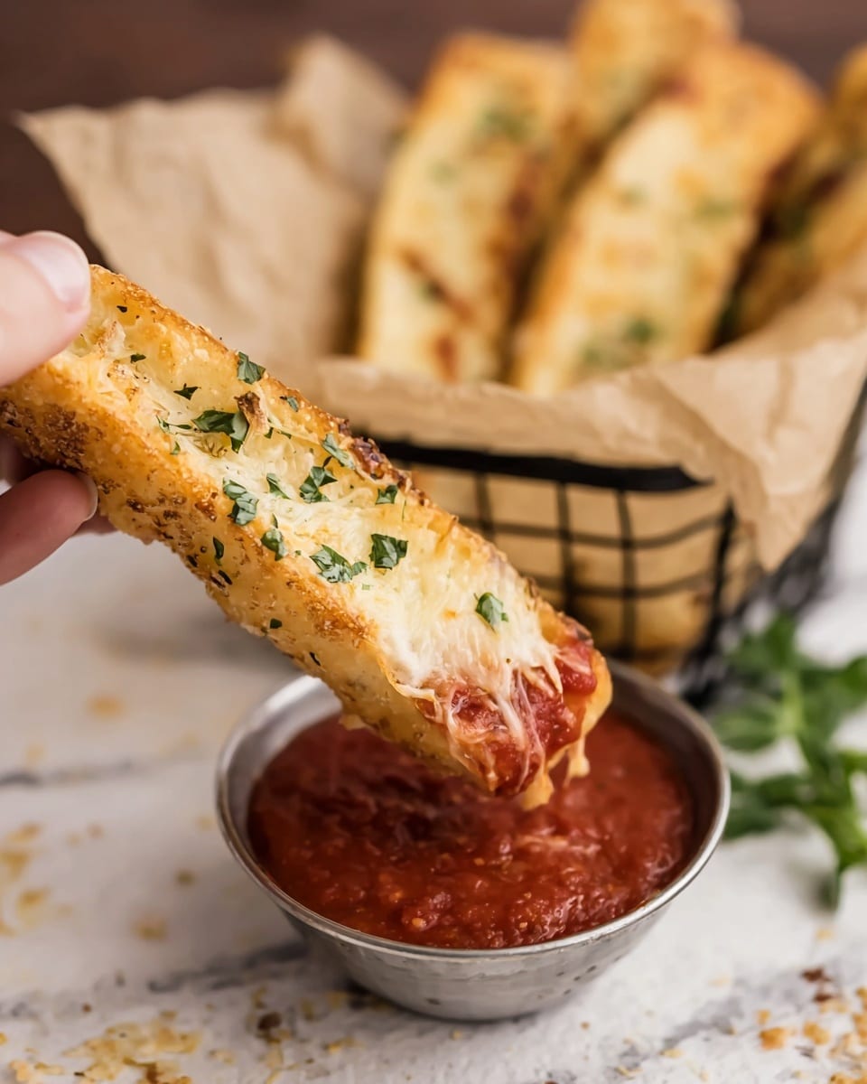 A woman's hand holding a golden-brown cheesy stick with melted cheese and green herbs on top, dipping it into a small metal bowl filled with thick red marinara sauce. In the background, a wire basket lined with beige paper holds more cheesy sticks. The surface has a white marbled texture with some scattered crumbs and a small bunch of green herbs nearby. Photo taken with an iphone --ar 4:5 --v 7
