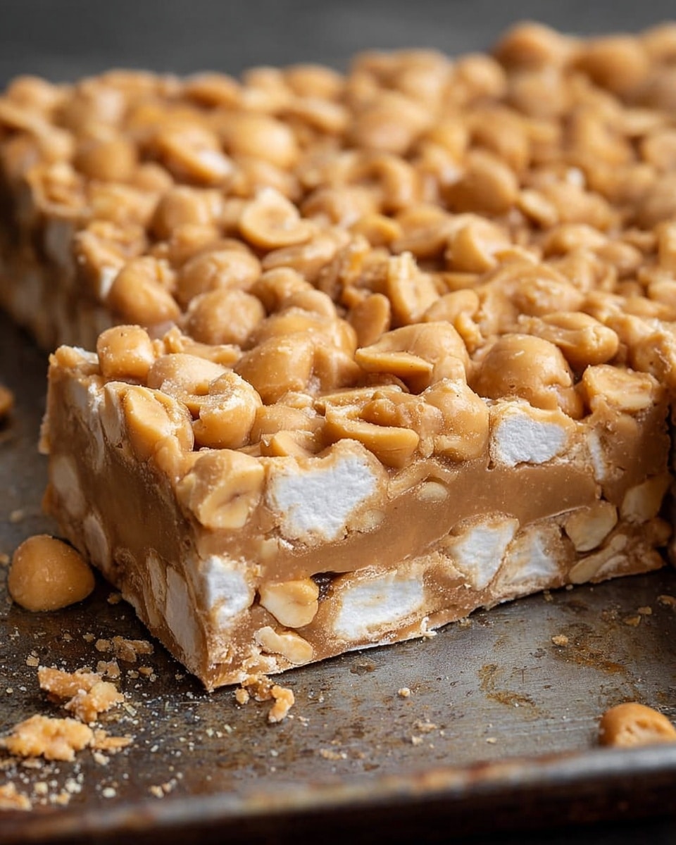 The image shows a close-up of a thick square candy bar with two visible layers. The bottom layer is a smooth, light brown mixture with chunks of white marshmallow pieces embedded inside. The top layer is a dense covering of roasted peanuts, golden brown in color, spread evenly across the surface. Small peanut pieces and crumbs are scattered around the candy on the dark metal tray it rests on. The edges are cleanly sliced, revealing the textures of the peanuts and marshmallows inside. The photo taken with an iphone --ar 4:5 --v 7