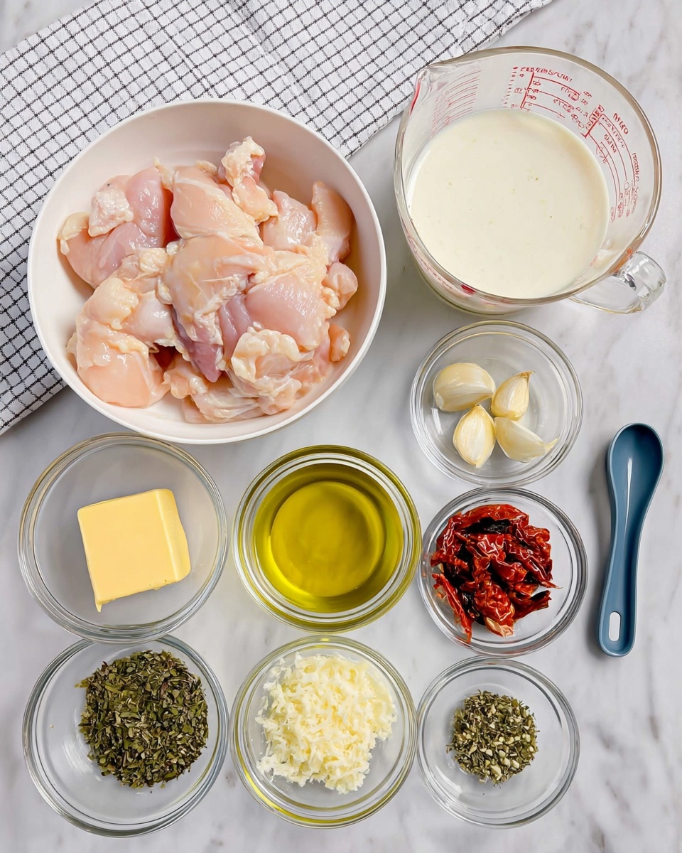 The image shows a white bowl filled with several raw light pink chicken pieces placed at the top left. Next to it on the right, there is a transparent measuring cup filled with white cream. Below the bowl, there are several small transparent bowls arranged neatly in two rows, containing different ingredients: a yellow cube of butter, a light green measuring cup with olive oil, a bowl with chopped garlic, a bowl with dark green chopped herbs, a bowl with grated white cheese, and a bowl with small dried red pieces, possibly sun-dried tomatoes. On the far right, there is a small light blue measuring spoon with green dried herbs. The background is a white marbled surface with a folded white and black checkered cloth partially visible behind the measuring cup. photo taken with an iphone --ar 4:5 --v 7