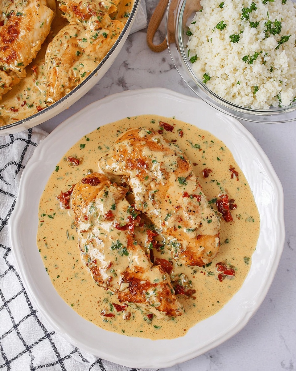 The image shows a white plate with three pieces of golden-brown cooked chicken in a creamy light yellow sauce with visible green herbs and small bits of reddish sun-dried tomatoes. The sauce covers the bottom of the plate, pooling around the chicken. To the top right of the plate, there is a clear glass bowl filled with white textured cauliflower rice, garnished with small green herb pieces. Part of a white pan with similar creamy sauce and chicken is visible to the left on a white marbled surface with a checkered cloth underneath. Photo taken with an iphone --ar 4:5 --v 7