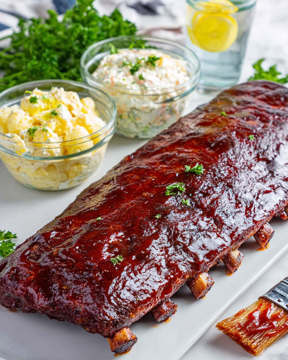 A large rack of ribs covered in a thick, shiny dark red barbecue sauce lies flat on a white plate, showing the end of the rib bones along the bottom edge. To the left of the ribs, two small clear glass bowls hold creamy side dishes; the one in front contains potato salad with a pale yellow color and small chunks, while the one behind has a lighter, white creamy salad with bits of vegetables visible. A glass of water with a lemon wedge sits behind the bowls, and fresh green parsley adds a touch of color in the background. A barbecue brush with sauce on its bristles rests on the plate near the ribs. The setting is on a white marbled surface. Photo taken with an iphone --ar 4:5 --v 7
