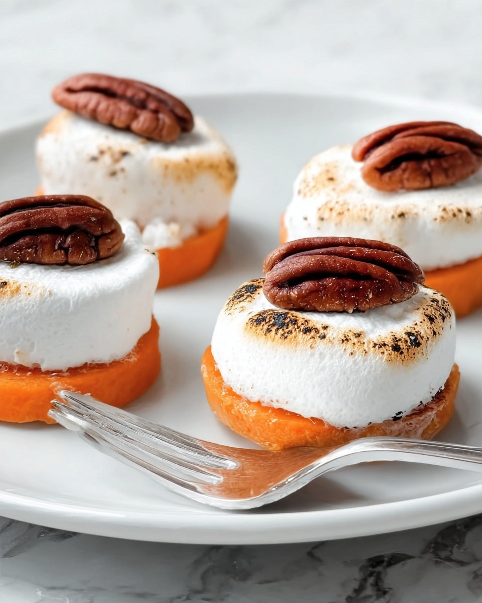 The image shows four small treats arranged on a white plate with a white marbled surface underneath. Each treat has two layers: the bottom layer is a round, orange slice with a slightly rough texture, and the top layer is a fluffy, white toasted marshmallow with light golden brown spots. On top of each marshmallow sits a whole pecan, dark brown and textured with natural grooves. A silver fork rests on the edge of the plate near the nearest treat. The photo taken with an iphone --ar 4:5 --v 7