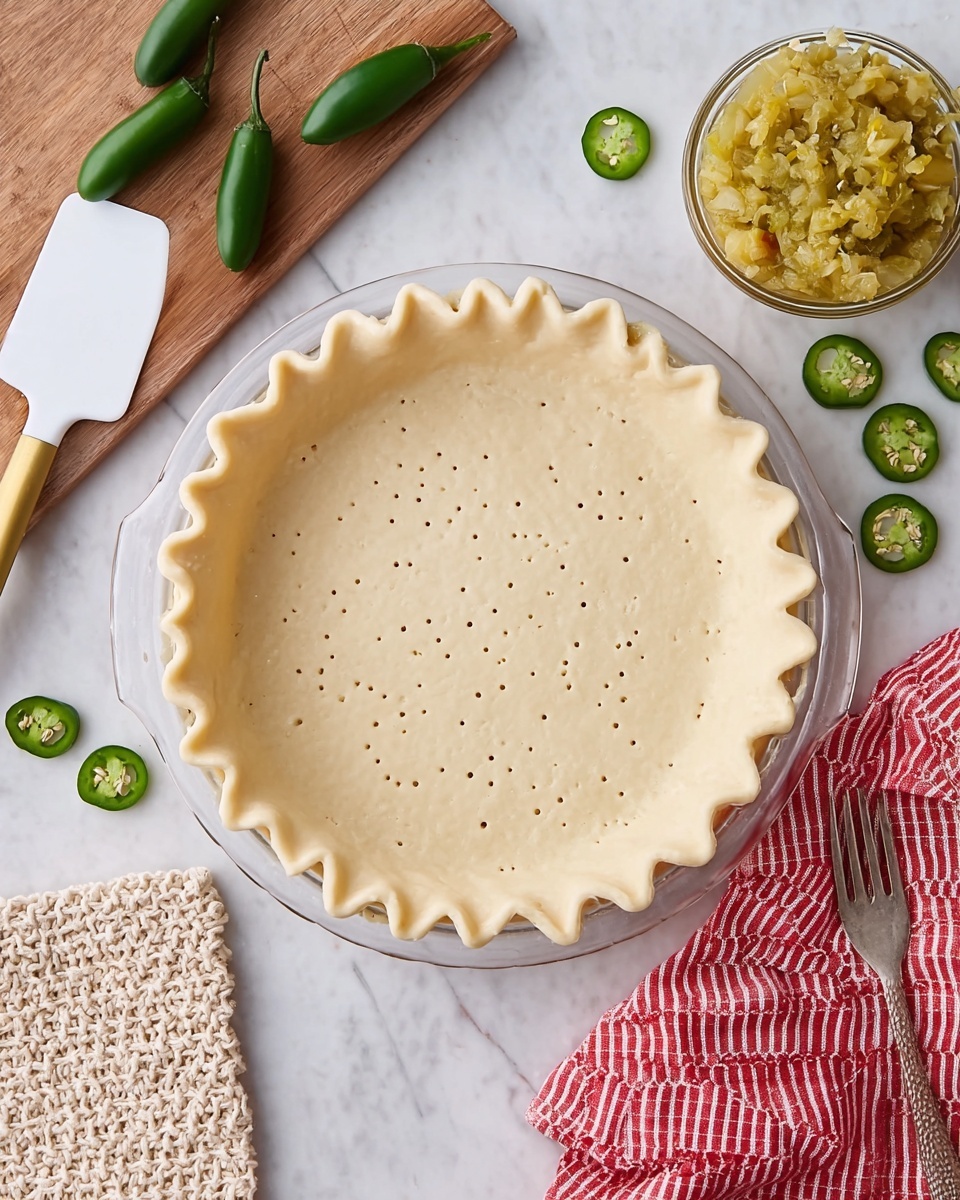 A clear glass pie dish holds an unbaked single layer of light beige pie crust with small fork holes across the entire surface and slightly crimped edges rising along the rim. The pie dish is set on a white marbled surface scattered with whole and sliced bright green jalapeño peppers. To the top right of the pie dish, there is a small glass bowl filled with yellow-green chunky relish sitting on a wooden cutting board. On the left side, a white spatula with a gold handle rests on a knitted beige pot holder. To the right, a red and white striped cloth napkin holds a plain silver fork. Photo taken with an iphone --ar 4:5 --v 7