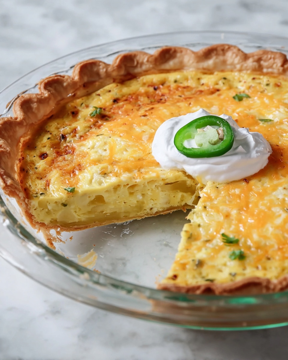 A clear glass pie dish holds a three-layer quiche with a golden brown crust forming the bottom and edge. The middle layer is a light yellow, soft egg mixture filled with small chunks of light ingredients, likely potatoes or vegetables. On top, there is a smooth melted cheese layer with a mix of white and light orange colors. In the center is a dollop of white cream topped with one green jalapeño slice. The whole dish sits on a white marbled surface, and there is a slice missing from the quiche, showing the layers clearly. photo taken with an iphone --ar 4:5 --v 7