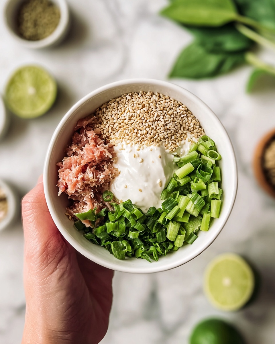 The dish is in a white bowl sitting on a white marbled surface, showing several fresh and colorful layers. On one side, there are dark brown cooked mushrooms with a slightly shiny texture. Next to the mushrooms, there are three green leafy rolls held together with toothpicks, filled with a light tan mixture. Surrounding these rolls, there are white spiralized vegetable noodles, lightly topped with small pieces of yellow garnish and red chili flakes. Below the noodles, there is a row of shiny green snap peas, and beside them, a small lime wedge with a pale green and yellow inside. The colors are vibrant with clear contrasts between the fresh greens, the white noodles, and the cooked mushrooms. The photo taken with an iphone --ar 4:5 --v 7