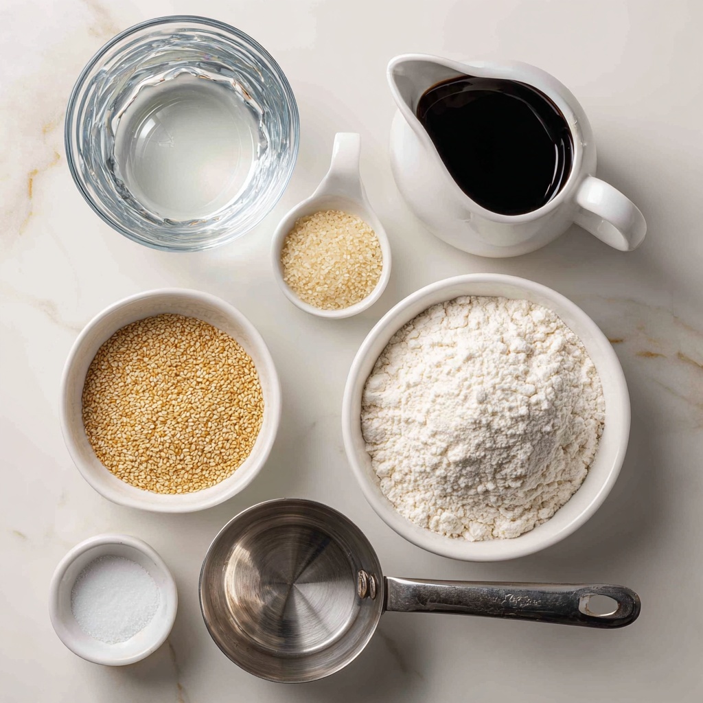 The image shows six baking ingredients arranged neatly on a white marbled surface. In the top left is a clear glass bowl filled with clear water. To its right is a small white ceramic pitcher with dark, thick molasses inside. Next to the molasses is a small white pitcher holding pale instant yeast granules. Below the water is a white bowl filled with small, golden sesame seeds. To the right of the sesame seeds is a large clear glass bowl filled with white flour, showing a powdery texture. At the bottom left is a tiny white ceramic container with white salt. At the bottom right, there is a shiny stainless steel saucepan, empty and clean. Each item is spaced evenly apart and labeled with black text. Photo taken with an iphone --ar 4:5 --v 7