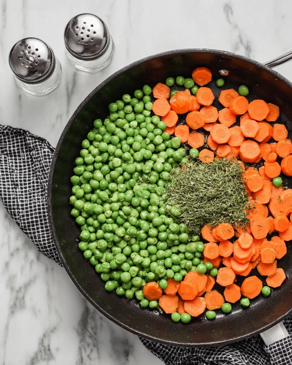 A black skillet holds one layer of bright orange carrot slices scattered on the edges with a large pile of green peas piled mostly in the center. Some dried herbs rest in a small mound on the right over the carrots. The skillet sits on a black and white checkered cloth that lays on a white marbled surface, with two clear glass salt and pepper shakers visible to the left. Photo taken with an iphone --ar 4:5 --v 7