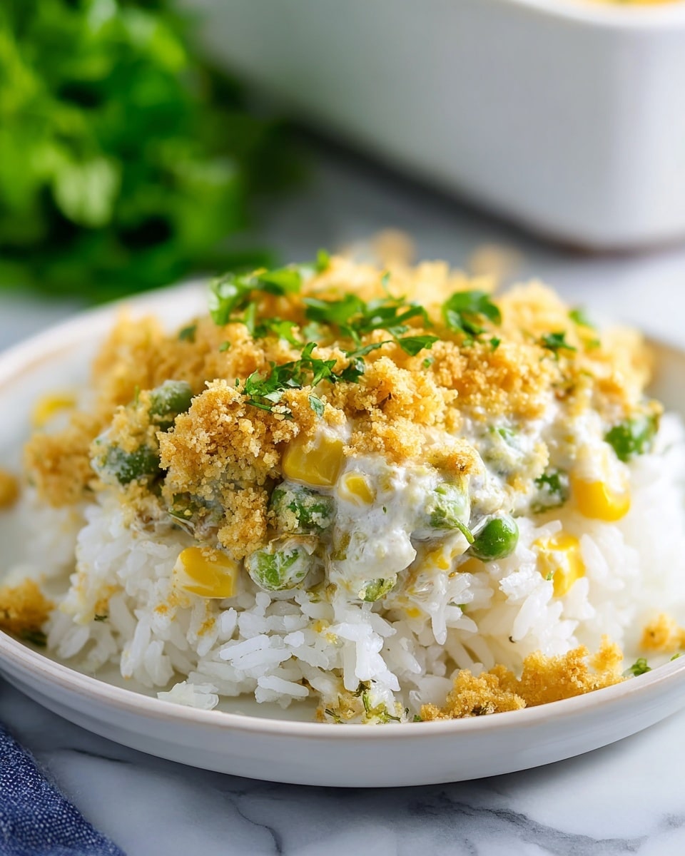 A white plate filled with a thick layer of fluffy white rice on the bottom, topped with a creamy casserole that includes visible pieces of corn and green vegetables. The casserole layer is creamy white with a golden crumbly topping and sprinkled with small chopped green herbs. The texture of the topping looks crunchy and crumb-like, contrasting with the smoothness of the creamy layer below. In the background, there is a blurred white bowl and green leaves that add a fresh feel. The entire scene sits on a white marbled surface. Photo taken with an iphone --ar 4:5 --v 7