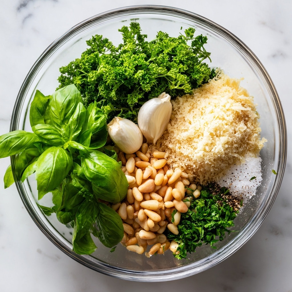 A clear bowl holds several layers of ingredients from a top view, placed on a white marbled surface. The bottom layer shows bright green fresh basil leaves on the right side, with a cluster of light pine nuts below them. Above the pine nuts is a bunch of curly parsley with three whole peeled garlic cloves resting on top. To the right of the parsley and garlic, there is a mound of finely grated pale yellow Parmesan cheese, with a small patch of black cracked pepper and white salt near it. Scattered pine nuts and parsley sprigs lie outside the bowl nearby. Photo taken with an iphone --ar 4:5 --v 7