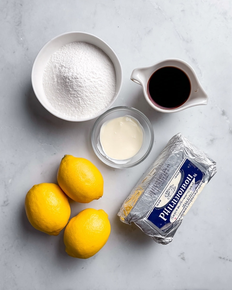 The image shows several ingredients arranged on a white marbled surface: a white bowl filled with powdered sugar, a clear measuring cup with cream, a small white bowl with a dark liquid, a silver foil-wrapped package of Philadelphia cream cheese, and three bright yellow lemons grouped together. The items are spaced and clearly visible against the light background, creating a clean and simple composition. photo taken with an iphone --ar 4:5 --v 7