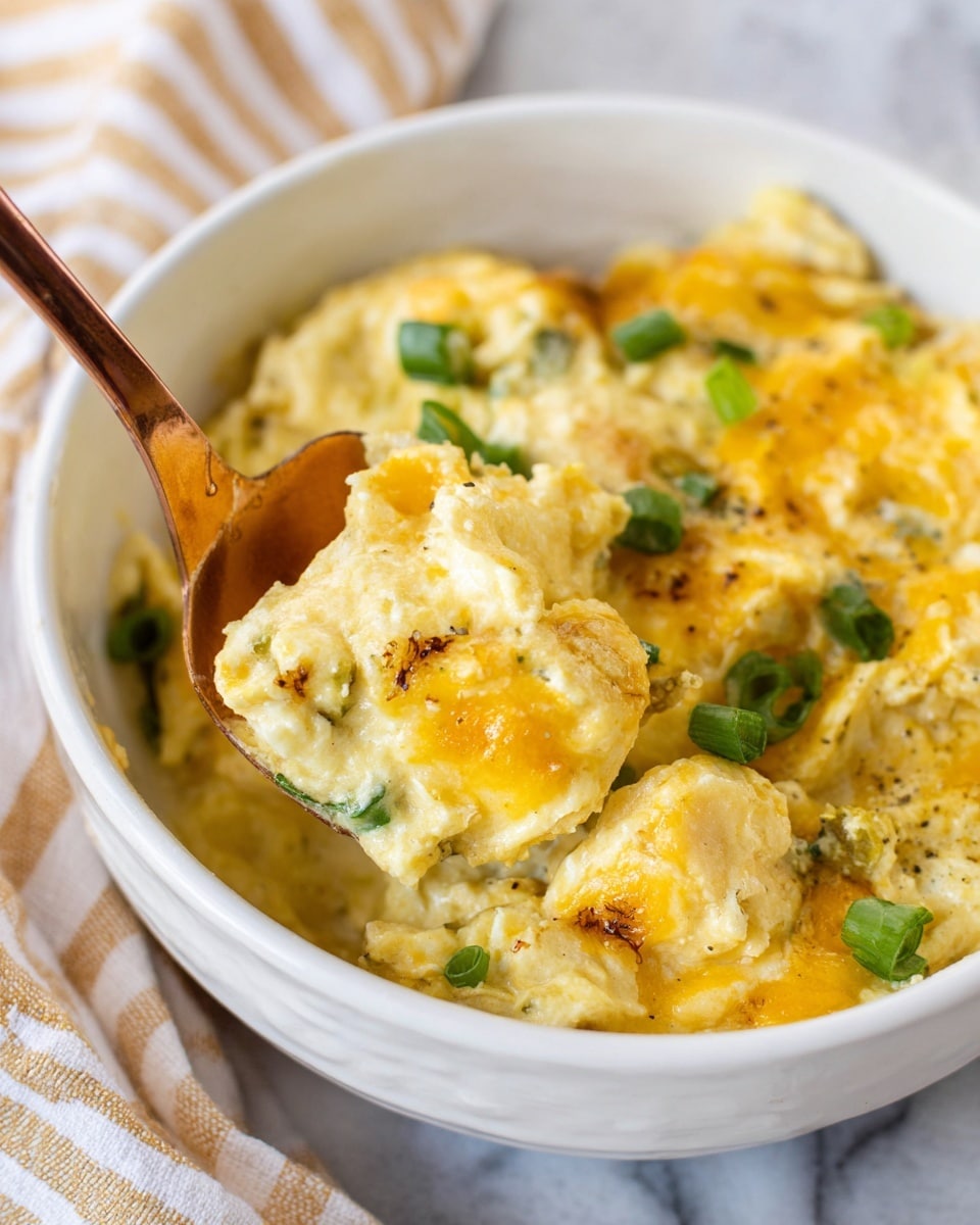 A close-up view of a baked casserole in a white dish, showing a golden-yellow melted cheese layer on top with some browned edges and hints of white creamy texture beneath. Scattered small pieces of green onion sit on the cheese, adding a fresh green contrast. The cheese looks soft and slightly shiny, with small air pockets and light browning at the edges near the dish walls. The dish rests on a white marbled surface with a beige and white striped cloth visible at the top edge. photo taken with an iphone --ar 4:5 --v 7