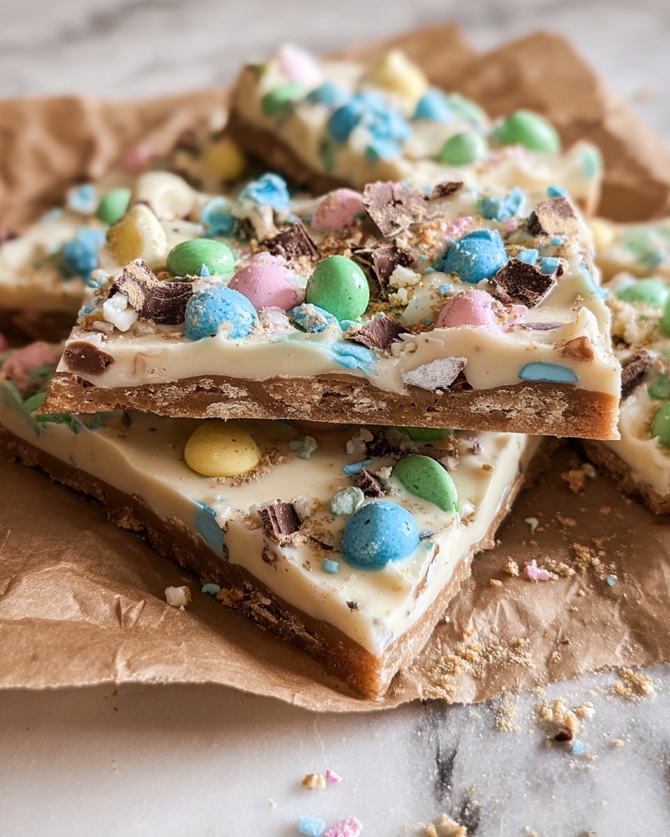 The image shows several pieces of candy bark stacked on crinkled brown parchment paper, placed on a white marbled surface. Each piece has two main layers: a thick, rough-textured light brown base and a smooth, creamy white top layer. The white layer is covered with colorful candy-coated chocolate pieces in pastel blue, green, pink, and yellow, some whole and some broken, along with small chocolate bits scattered on top and around the bark. There are also fine crumbs sprinkled across the surface, adding texture and color contrast. Photo taken with an iphone --ar 4:5 --v 7