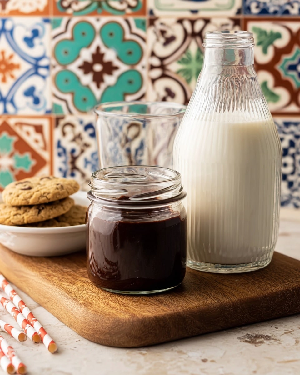 The image shows a small glass jar filled with thick dark chocolate sauce sitting on a wooden board. Behind it, there is a textured glass bottle filled with white milk, and next to the bottle is an empty clear glass. All items are on a smooth white marbled surface. In the background, colorful patterned tiles in orange, green, blue, and brown create a lively backdrop. Part of a white plate with cookies is visible on the left side, and several striped paper straws lie around the board. photo taken with an iphone --ar 4:5 --v 7