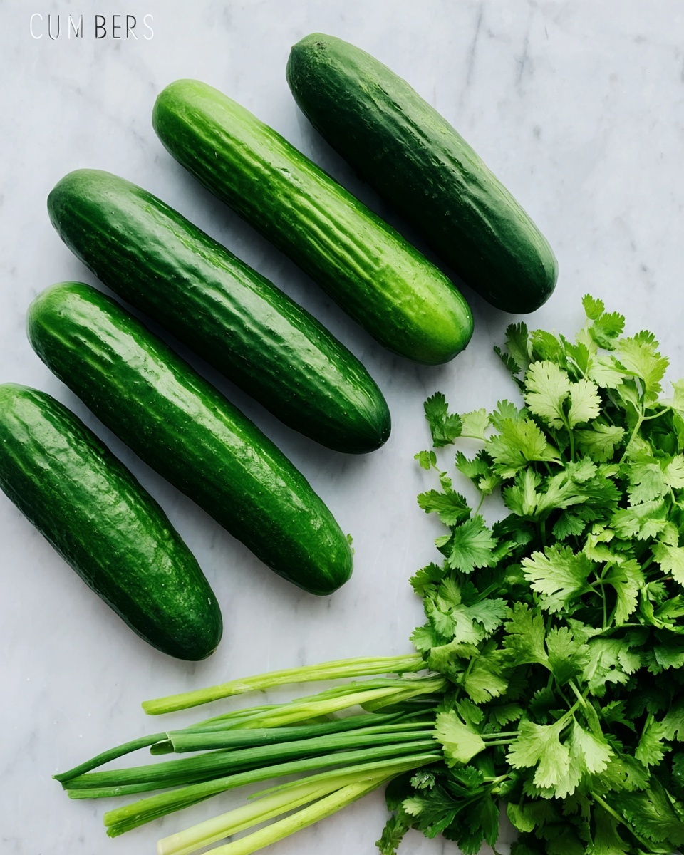 The image shows five vibrant green cucumbers placed diagonally on a white marbled surface, arranged from top left to bottom right. To the right side, there is a lush bunch of fresh, bright green cilantro with detailed leaves extending outward. Below the cucumbers, several light green stems, possibly scallions or green onions, lie parallel near the bottom edge of the image. The overall composition contrasts the dark green vegetables against the clean white marble background with soft natural lighting. photo taken with an iphone --ar 4:5 --v 7