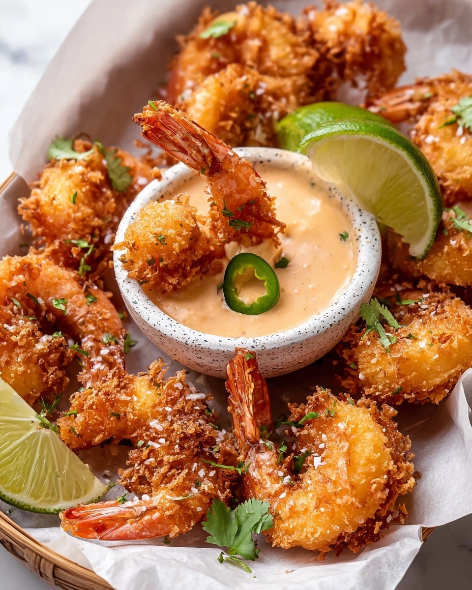 A close-up of a basket lined with white parchment paper filled with several golden brown fried shrimp coated in a crispy, textured coating. Each shrimp shows vibrant orange tails and is sprinkled with coarse salt and small green herb leaves. In the center, there is a small white speckled bowl filled with a creamy, light orange dipping sauce, where one shrimp is partially dipped, topped with a thin slice of green chili. A wedge of lime and fresh green herb leaves are placed on the side. The basket rests on a white marbled surface. Photo taken with an iphone --ar 4:5 --v 7